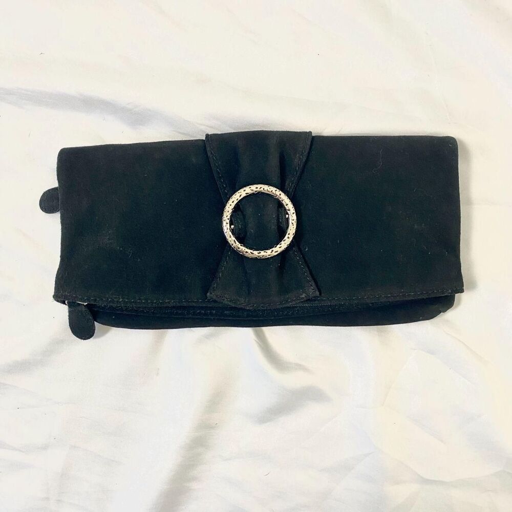 Coldwater Creek Early 2000's Silver Black Suede Leather Fold Over Clutch Bag